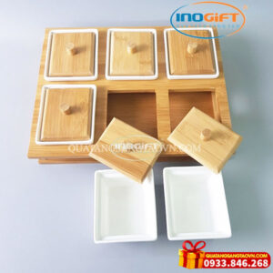 Khay mứt tết sứ nắp gỗ 6 ngăn