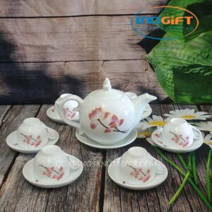 Bộ ấm chén Bát Tràng dáng bưởi lửa vẽ hoa sen