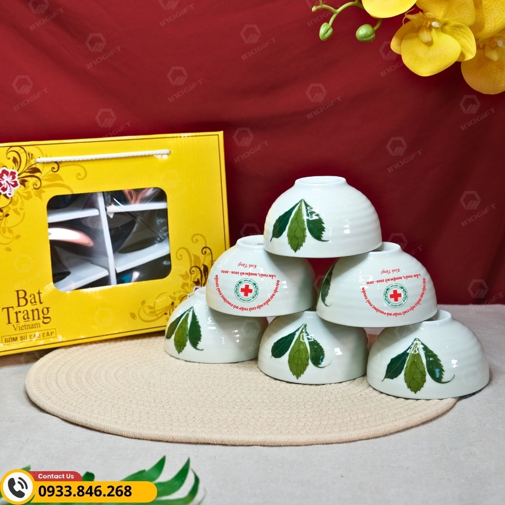 Bộ 6 bát ăn Bát Tràng lá xương rồng in logo Hội chữ thập đỏ