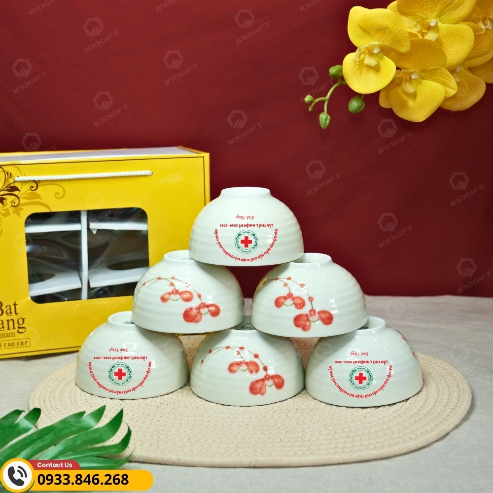 Bộ 6 bát ăn Bát Tràng họa tiết đào hồng in logo Hội chữ thập đỏ