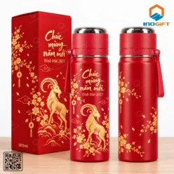 Bình giữ nhiệt Rạng Đông in hình dê và hoa mai Tết 2027