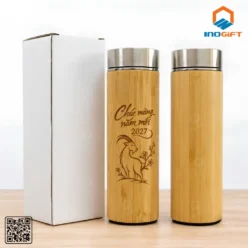 Hai mặt bình giữ nhiệt vỏ tre 500 ml khắc laser