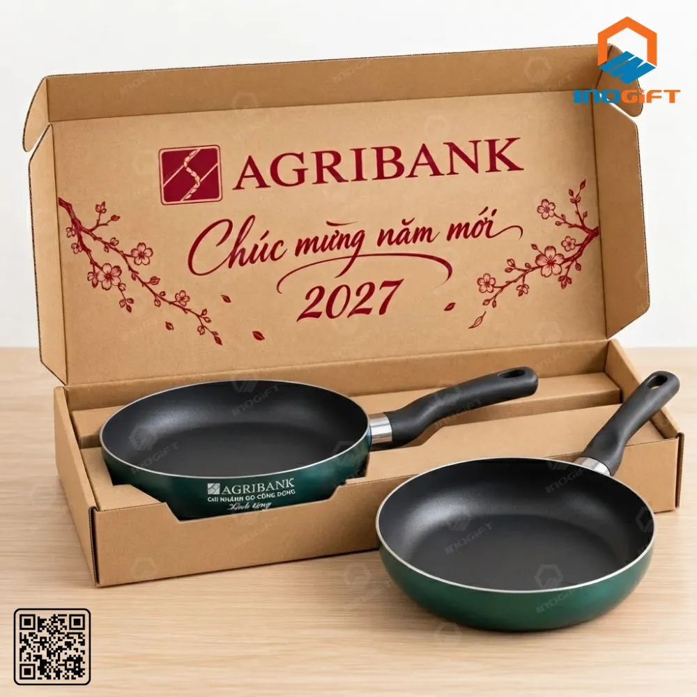Bộ hai chảo chống dính in logo Agribank Chi nhánh Gò Công Đông