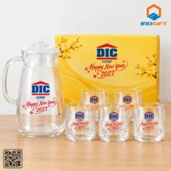 Bộ bình cốc thủy tinh in logo DIC Corp Tết 2027