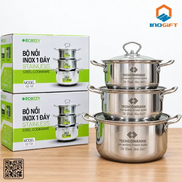 Bộ nồi inox một đáy xếp chồng kèm hộp quà