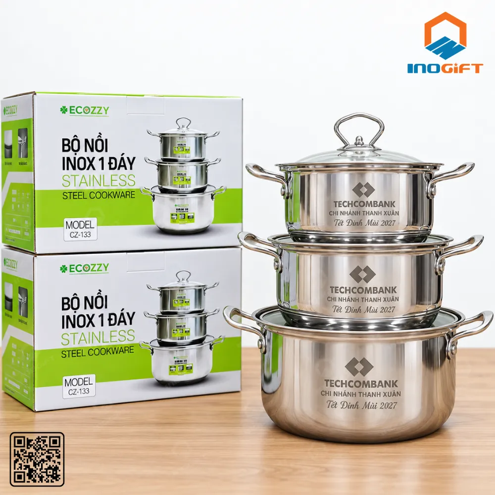 Bộ nồi inox một đáy xếp chồng kèm hộp quà