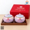 Cặp hũ đựng mứt dáng bí men tím hồng in logo Techcombank trên khay gỗ