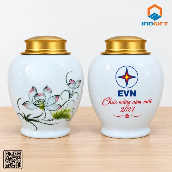 Hũ đựng trà EVN màu trắng họa tiết hoa và lời chúc năm mới 2027