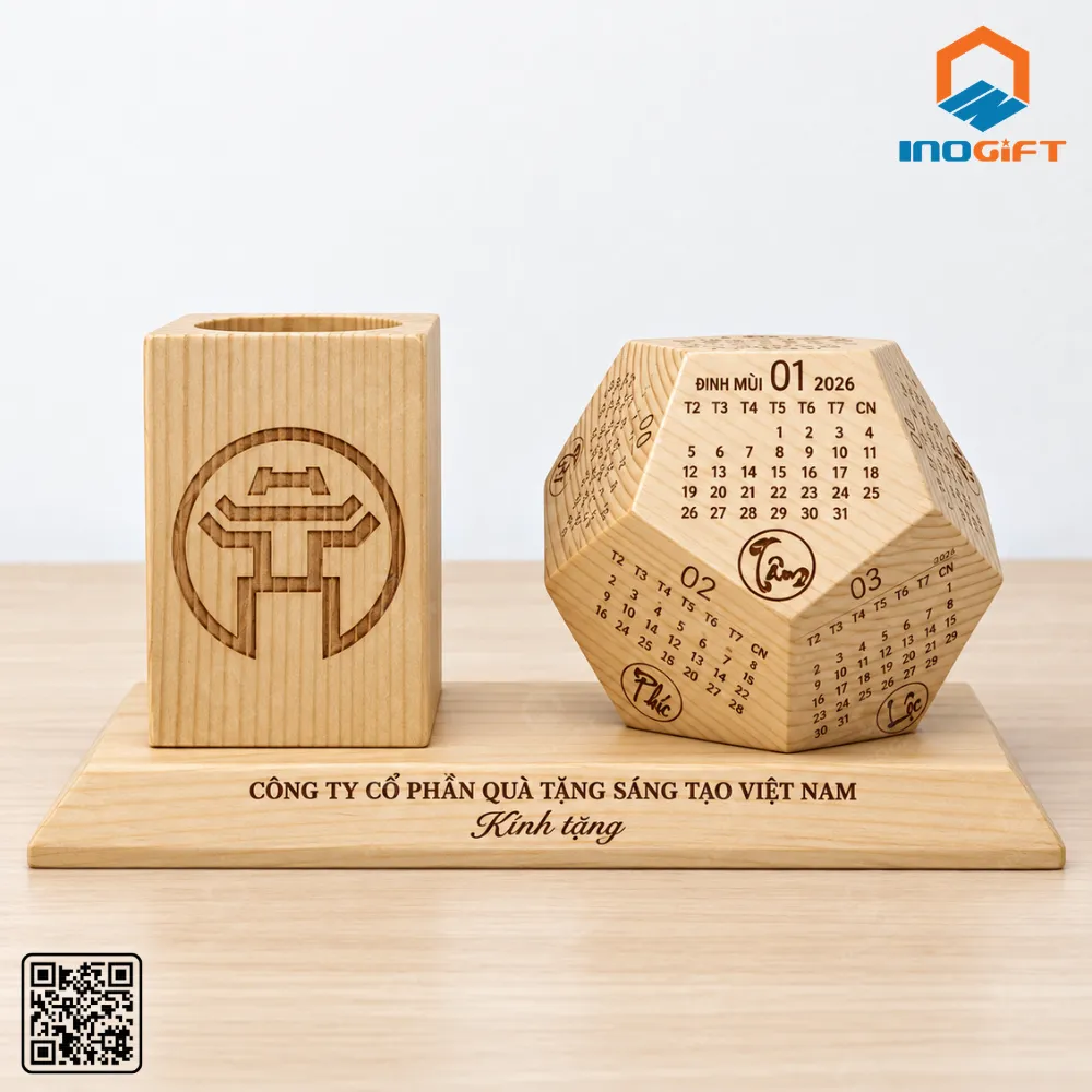 Lịch gỗ để bàn đa diện in logo và tên công ty