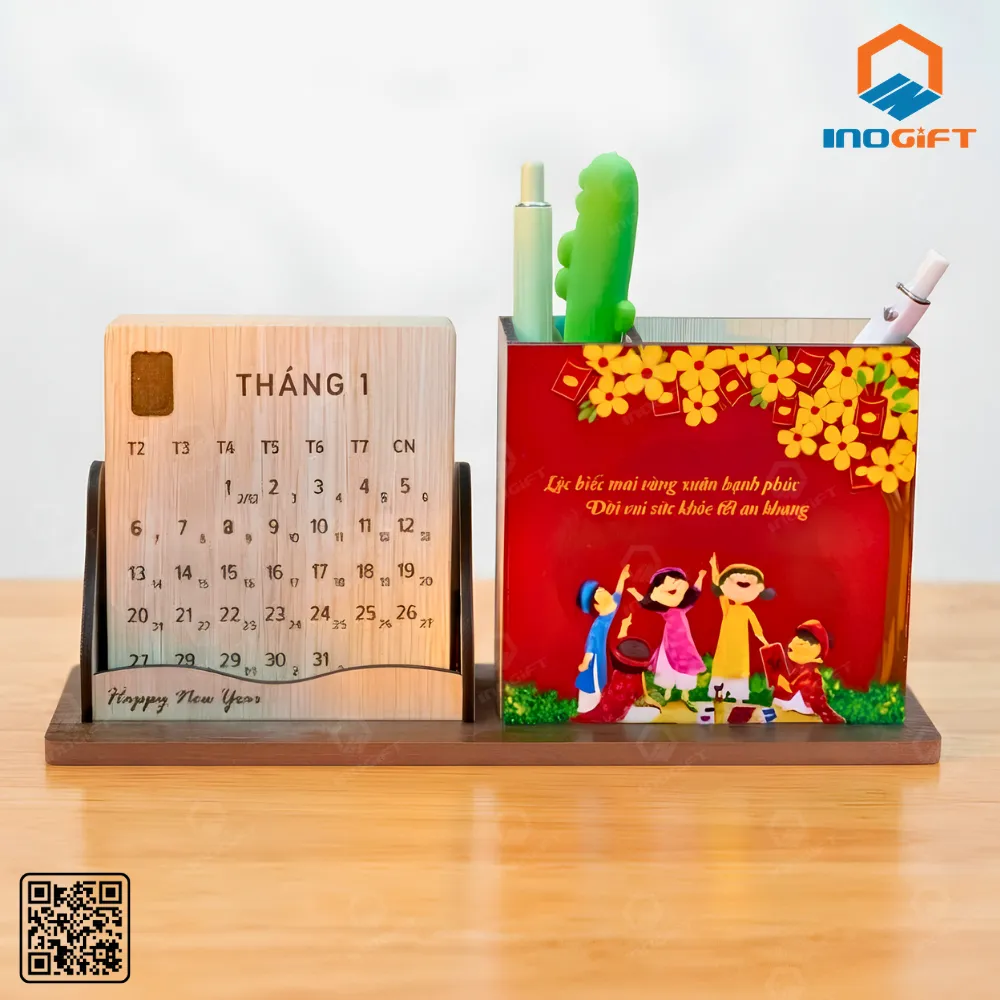 Lịch gỗ để bàn kèm hộp cắm bút trang trí Tết 2027