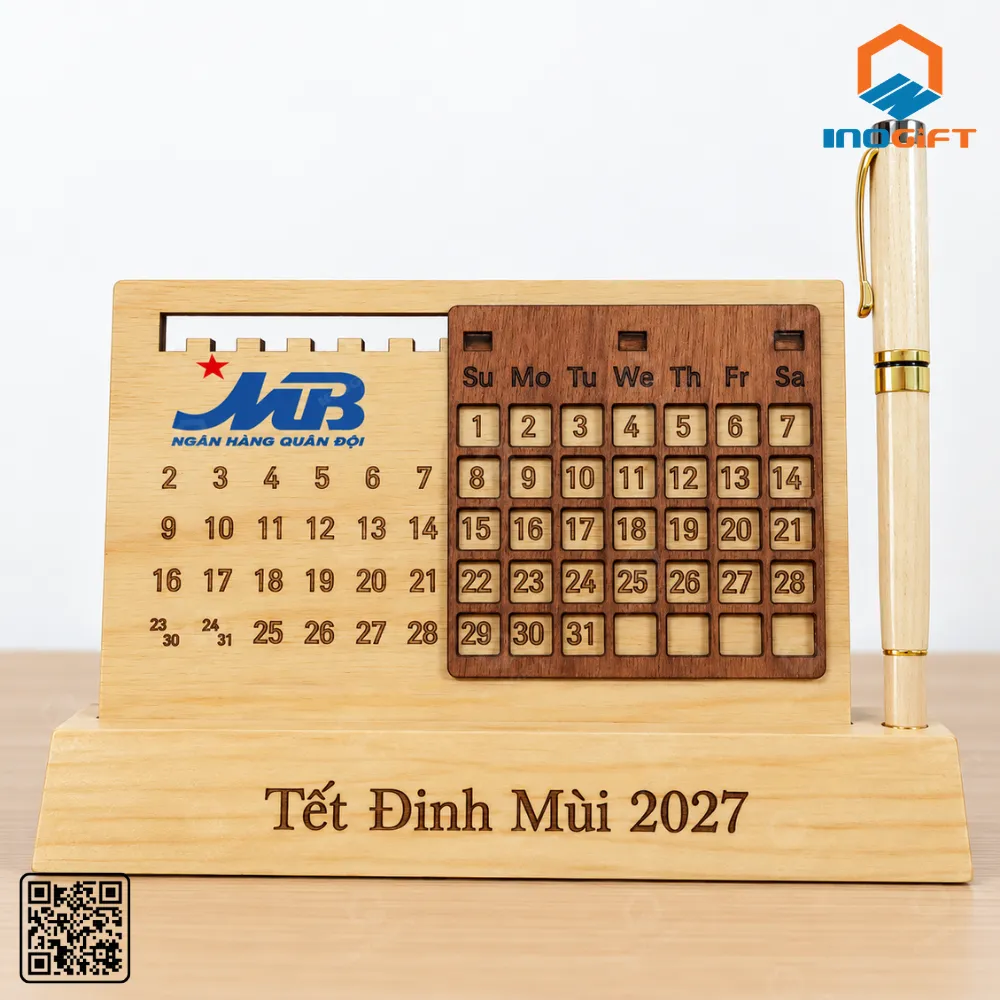 Lịch gỗ để bàn in logo MB và chữ Tết Đinh Mùi 2027