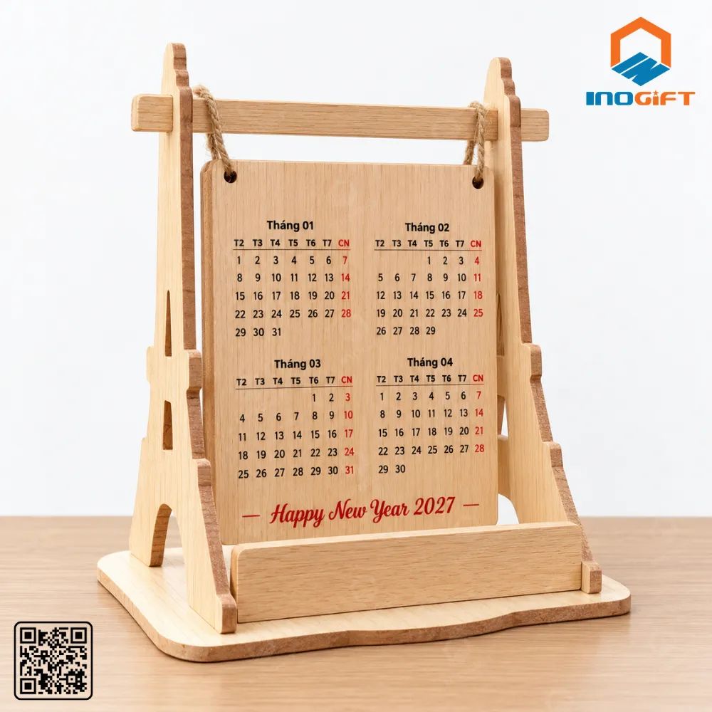 Lịch gỗ để bàn khung đứng in Happy New Year 2027