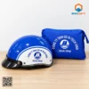 Set mũ bảo hiểm xanh trắng và túi áo mưa in logo công ty